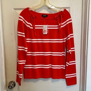 New Lord & Taylor Striped Tie Shoulder Sweater Orange M